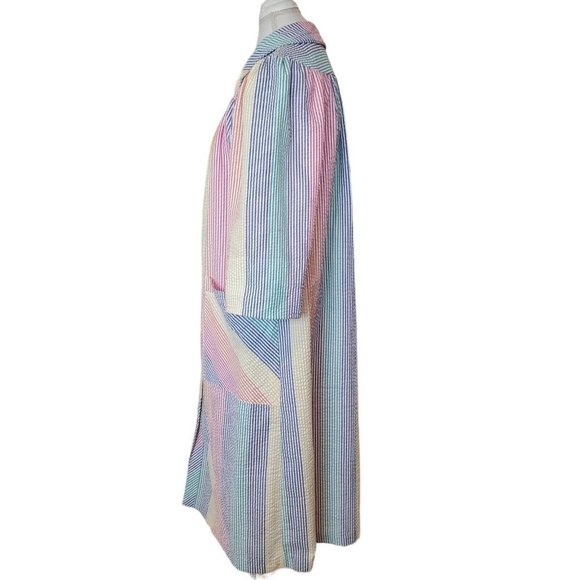 Vintage Rainbow Striped Housecoat Robe Thin Pearl Snap Long Duster Textured S/M - Picture 6 of 12